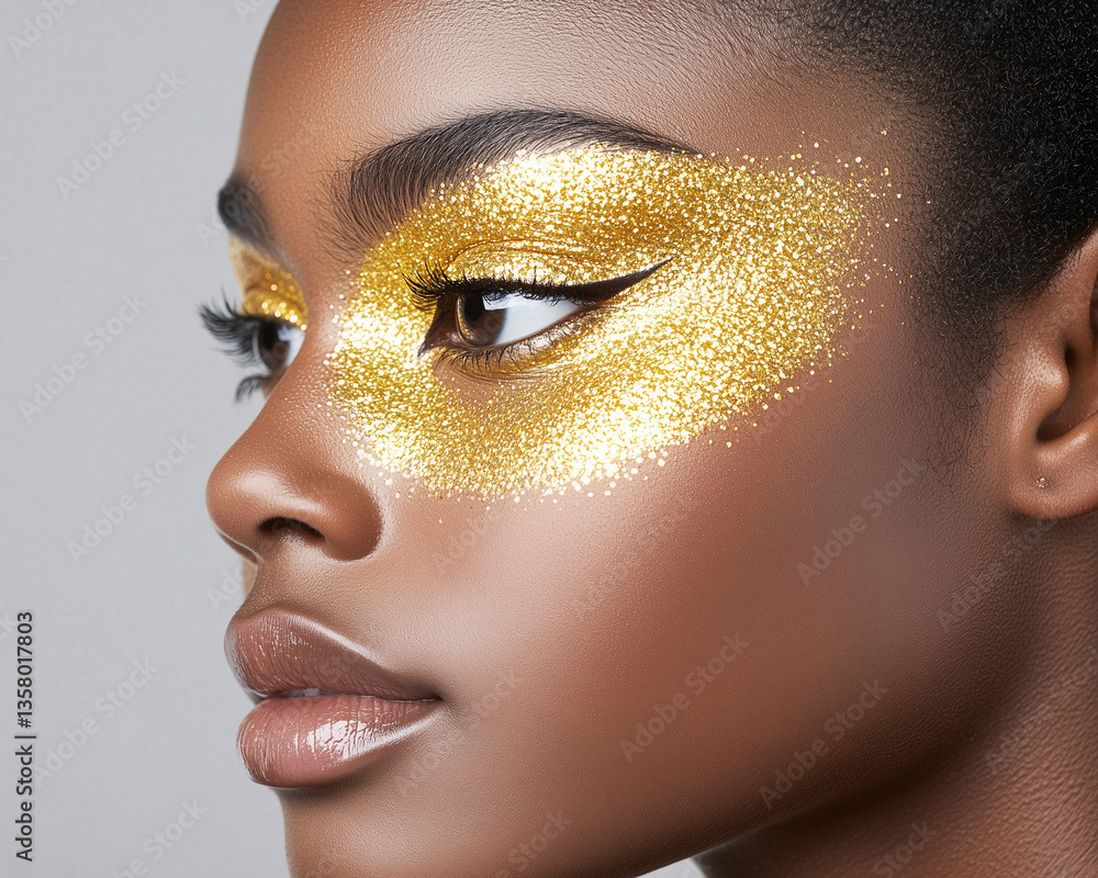 Fototapeta premium Glamorous Black Woman with Golden Glitter Makeup Close up Portrait