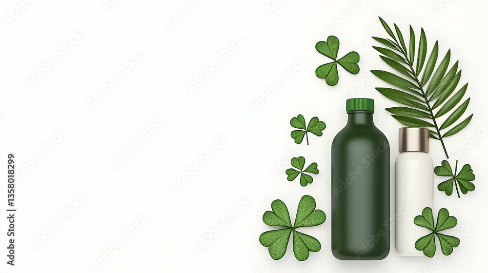 Green and white bottles with shamrocks and palm leaves on white background Green and white bottles with shamrocks and palm leaves on white background