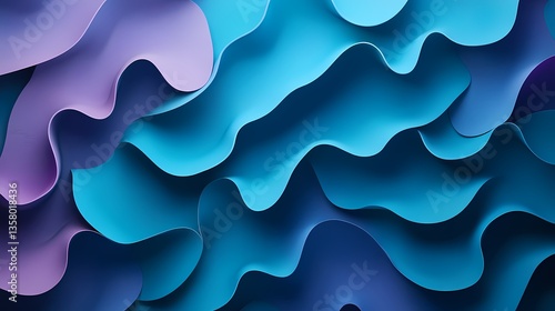 Abstract layered wavy shapes in shades of blue and purple