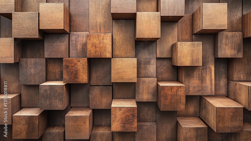 Geometric decor block design textured brown wood panels forming cube like patterns Geometric decor block design textured brown wood panels forming cube like patterns