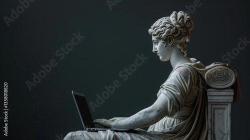 Goddess sculpture ancient working with laptop isolated dark background. Generated AI image