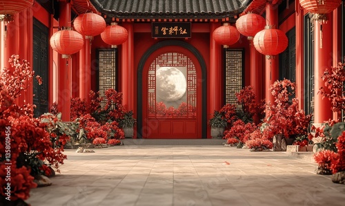 Wallpaper Mural Red courtyard with lanterns, full moon visible through arched doorway Torontodigital.ca