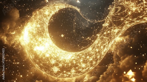 Golden Crescent Moon Celestial Network of Stars