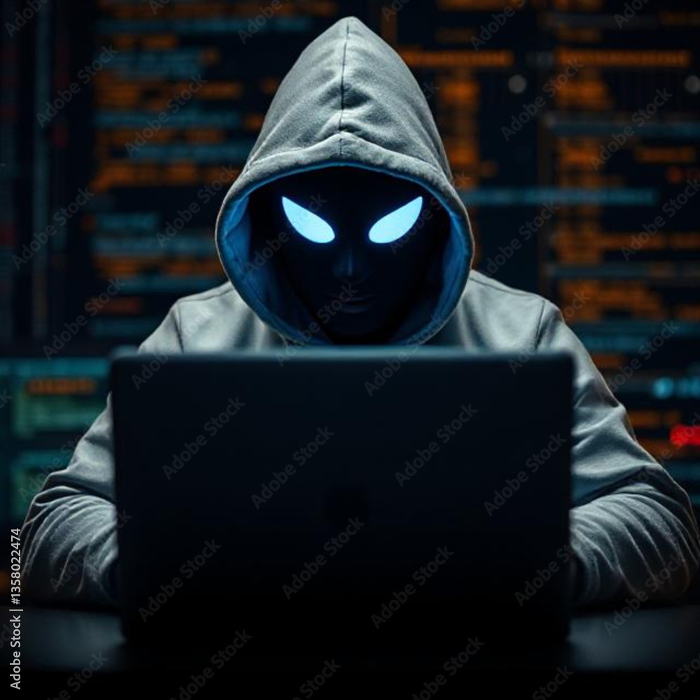 A hacker with hidden face in a hoodie using a laptop A hacker with hidden face in a hoodie using a laptop