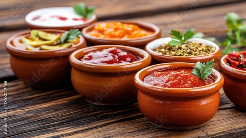 Assorted sauces and condiments in clay pots on wooden table