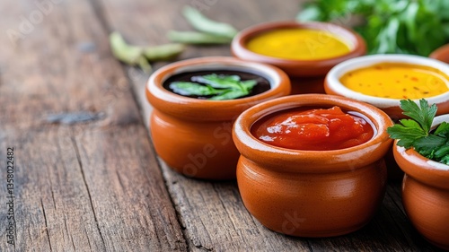 Assorted condiments in clay pots on rustic wooden table