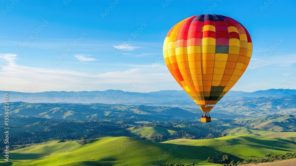 Obraz premium Colorful hot air balloon flying over lush green hills under clear blue sky