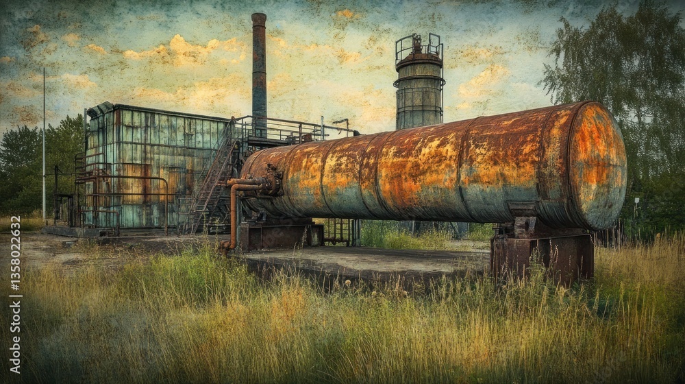 Rusted industrial complex overgrown with tall grass Rusted industrial complex overgrown with tall grass