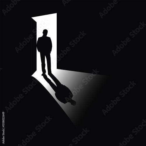 Silhouette of a man walking out through an open door