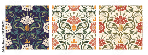 Art Nouveau Vintage Pattern Set Seamless Vector Background Baroque Floral Antique Motif Boho Ethnic Ornament