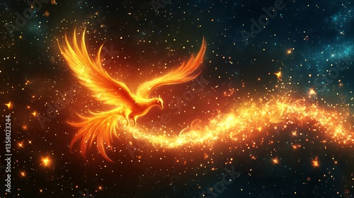 Majestic Phoenix Rising Against the Dark Canvas of Night, Illuminated with Glittering Stars