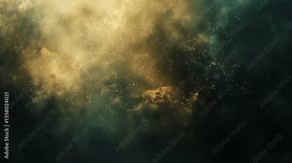 Fototapeta premium Abstract Gold Green Nebula Background, Space Galaxy Texture, Golden Glitter, Dark Universe, Fantasy Backdrop For Design