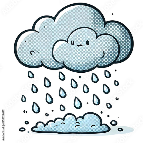 Dark Cartoon Rain Cloud with Smooth Curves and Soft Raindrops Drizzling Down, no background