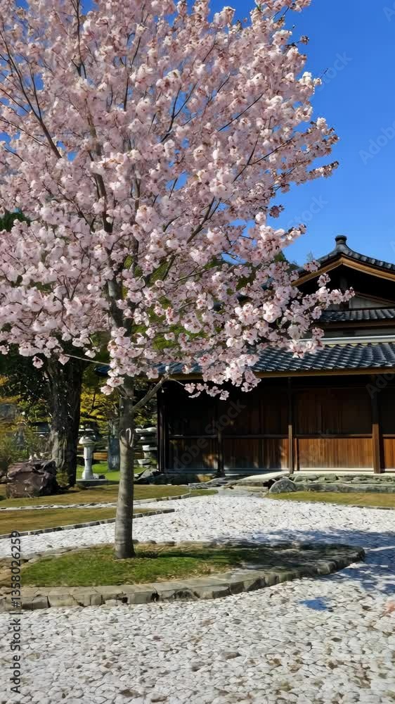 Blossoming cherry tree stands in front of traditional Japanese house on a clear spring day in Kyoto Blossoming cherry tree stands in front of traditional Japanese house on a clear spring day in Kyoto