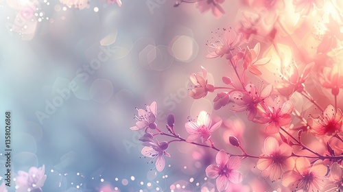 Delicate pink flowers blooming against a soft pastel background  