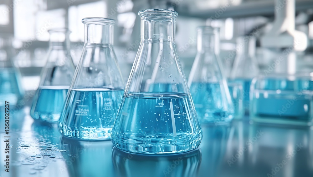Close-up of Several Glass Beakers Filled with Light Blue Liquid on a Reflective Surface in a Laboratory Setting Close-up of Several Glass Beakers Filled with Light Blue Liquid on a Reflective Surface in a Laboratory Setting