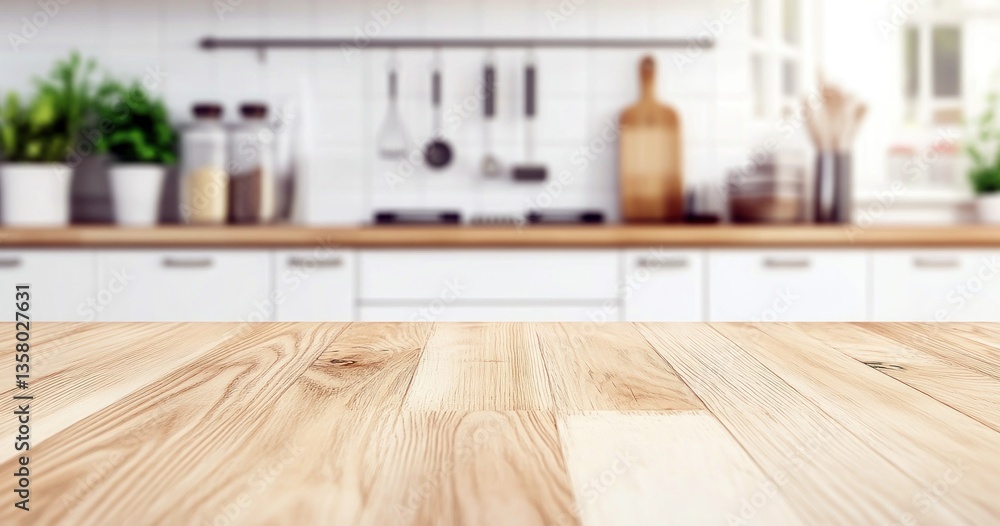 Une cuisine avec un arrière-plan flou de mobilier et d'ustensiles et un plan de travail en bois, vide, au premier plan, idéal pour la présentation de produits. Une cuisine avec un arrière-plan flou de mobilier et d'ustensiles et un plan de travail en bois, vide, au premier plan, idéal pour la présentation de produits.
