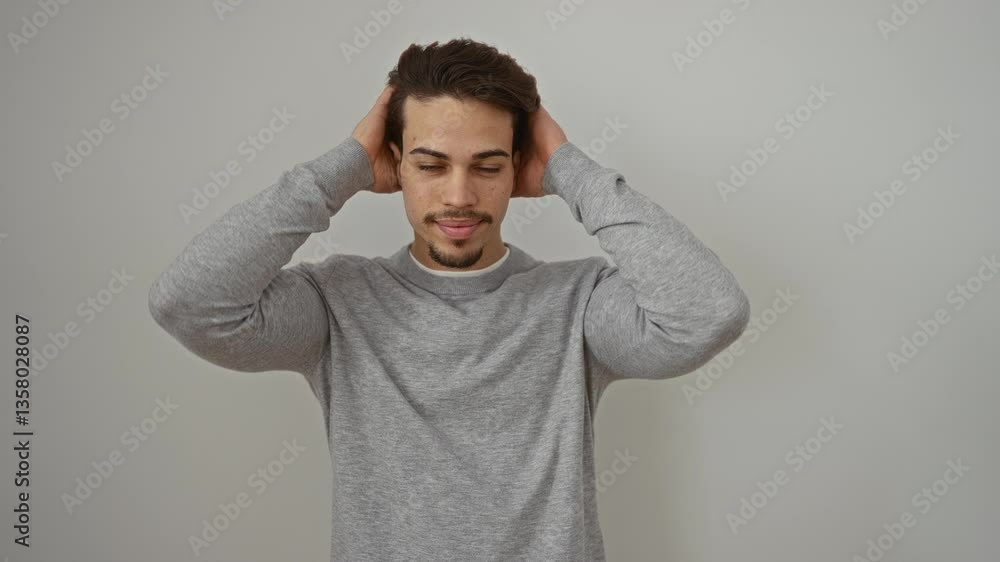 Man posing confidently against a simple white background wearing a gray sweater, embodying a relaxed yet thoughtful demeanor with subtle expression changes. Man posing confidently against a simple white background wearing a gray sweater, embodying a relaxed yet thoughtful demeanor with subtle expression changes.