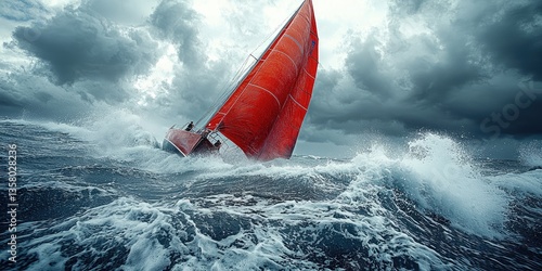 Red sailboat navigating stormy ocean, high waves crashing around it. Dramatic, powerful scene