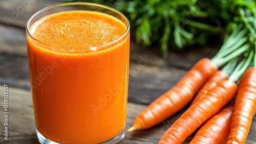 Fresh carrot juice in glass next to whole carrots on wooden table