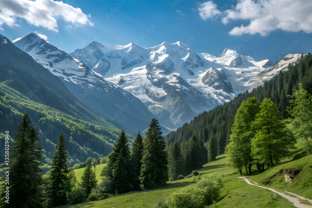 A serene snowy mountain landscape with majestic snow-capped peaks partially veiled by clouds, and a snow-covered hillside in the foreground dotted with evergreen trees in a tranquil winter setting A serene snowy mountain landscape with majestic snow-capped peaks partially veiled by clouds, and a snow-covered hillside in the foreground dotted with evergreen trees in a tranquil winter setting