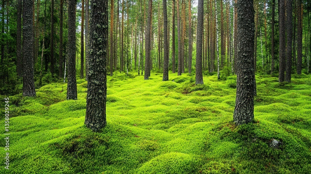 Fototapeta premium Lush Green Mossy Forest Floor Under Tall Trees