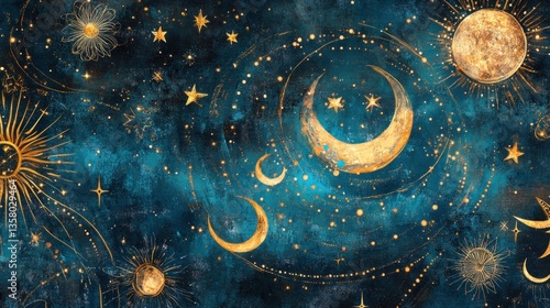 Celestial Dreamscape Golden Moons Stars and Suns