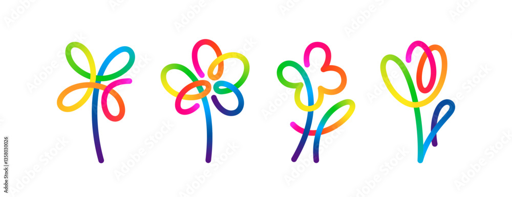 Fototapeta premium Abstract Vector One Line Flowers. Floral Spring and Summer Icon. Outline Flower Logo Design with Gradient. Simple Kid Fun Sketch