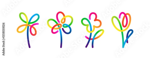 Abstract Vector One Line Flowers. Floral Spring and Summer Icon. Outline Flower Logo Design with Gradient. Simple Kid Fun Sketch