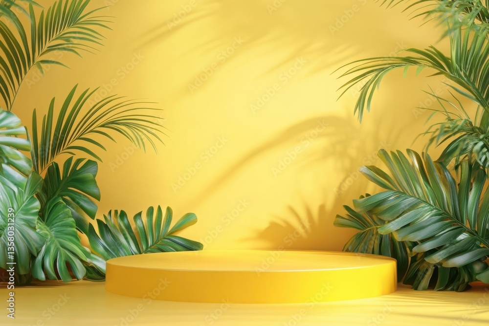 Summer Podium With Yellow Stand Platform Background For Event Or Award Ceremony Concept Summer Podium With Yellow Stand Platform Background For Event Or Award Ceremony Concept