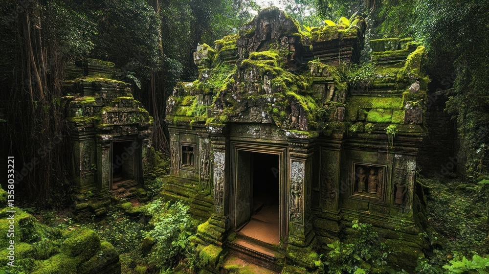 Ancient Moss Covered Temple Ruins in Lush Jungle