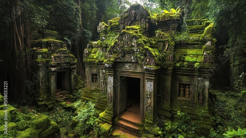 Obraz na płótnie Ancient Moss Covered Temple Ruins in Lush Jungle w salonie