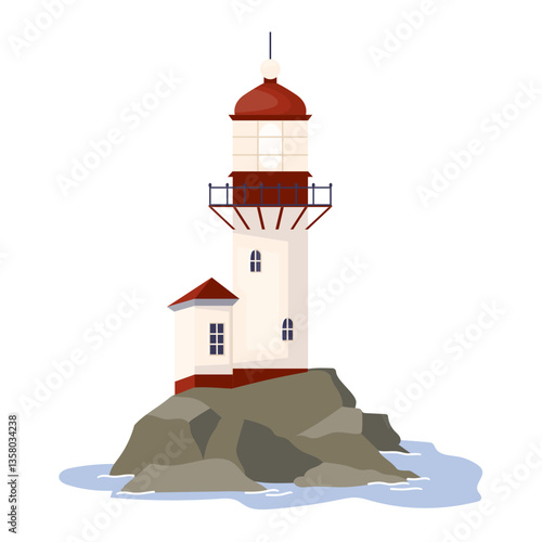 Lighthouse with ocean beach rocks Nautical navigation building with red tower and beacon lights helping ships to navigate. Marine symbol of coastal safety, design element Flat vector illustration