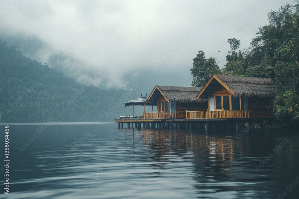 Obraz premium Floating Bungalows with Thatched Roofs on a Calm Lake on a Misty Day