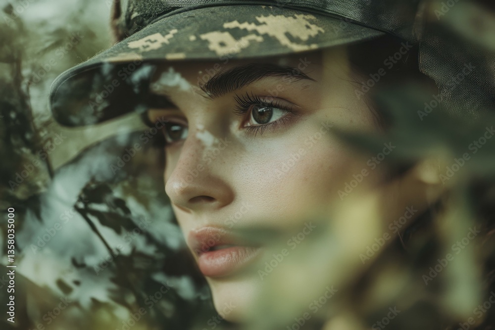 Pensive Woman Profile Camouflage Hat, Natural Makeup, Outdoor Portrait Pensive Woman Profile Camouflage Hat, Natural Makeup, Outdoor Portrait