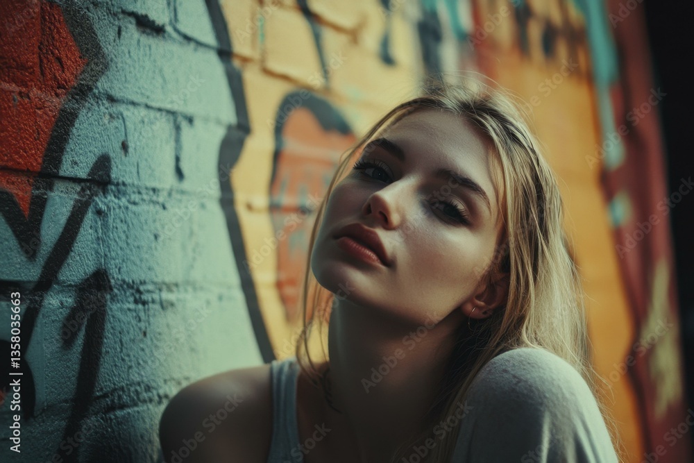 Naklejka premium Young Blonde Woman with Striking Gaze Posing by Graffiti Wall in Urban Setting