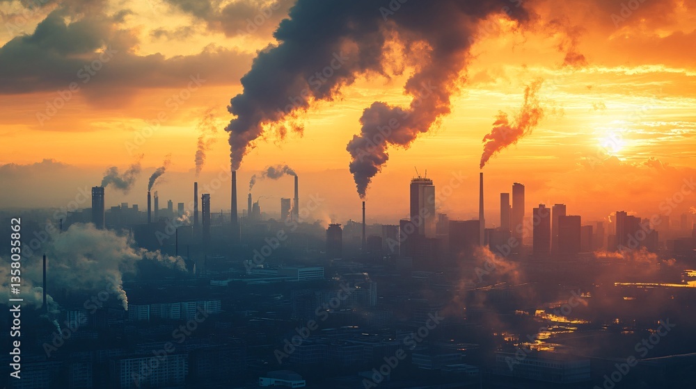 Obraz premium Industrial skyline shrouded in smoke representing carbon emissions impact