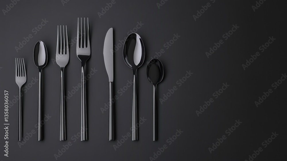 Elegant Black Cutlery Set on Dark Background Elegant Black Cutlery Set on Dark Background