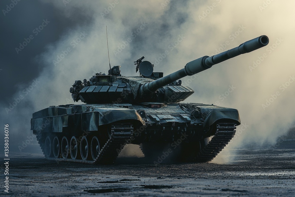 Fototapeta premium Battle Tank Advances Through Battlefield Fog - Military Vehicle with Camouflage and Massive Gun Barrel