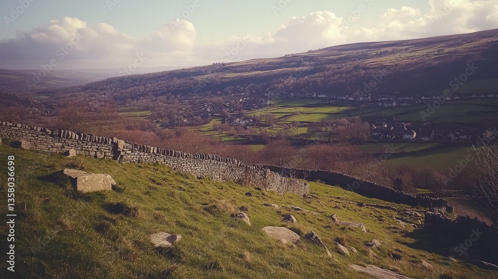 Obraz premium Stone wall overlooks a valley town nestled in hills