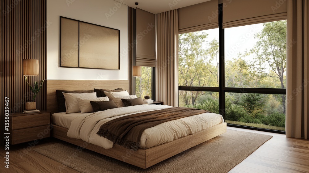 Fototapeta premium Luxury home minimalist and exclusive, A serene, modern bedroom featuring natural wood elements, large windows with a view of greenery, and soft, neutral tones for a calming atmosphere.