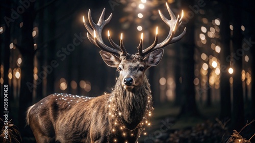A majestic deer with shimmering crystal antlers reflecting sunlight, standing in a misty enchanted forest