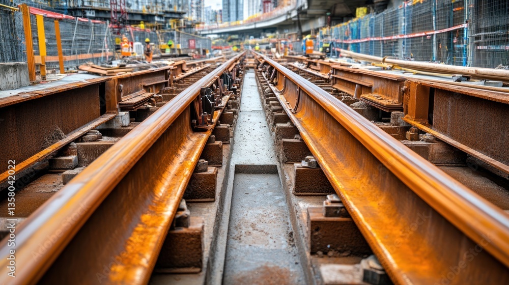 Fototapeta premium Rusty Railroad Tracks Under Construction In City