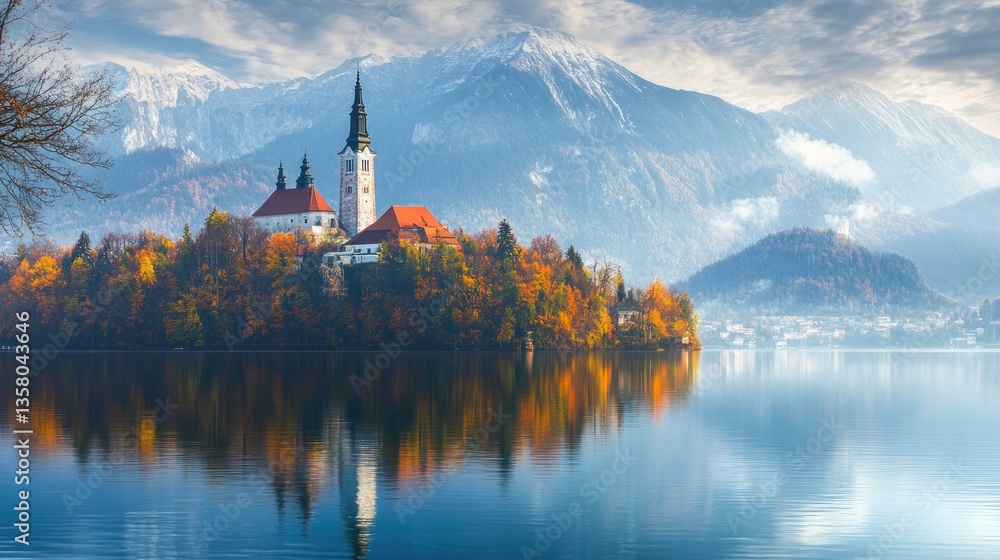 Fototapeta premium Church on an Island with Mountain and Lake Reflections