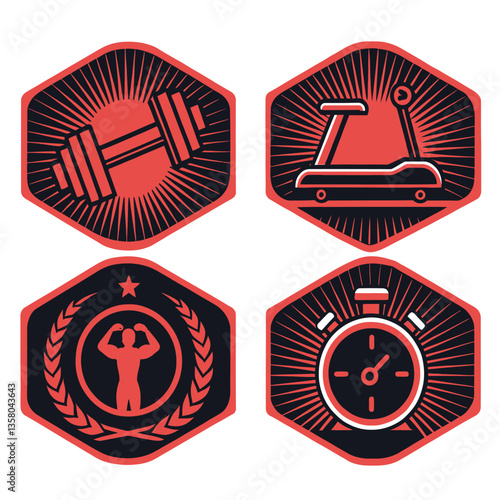Set of Gym Fitness Badges with Dumbbells, Treadmill, Strongman, and Stopwatch