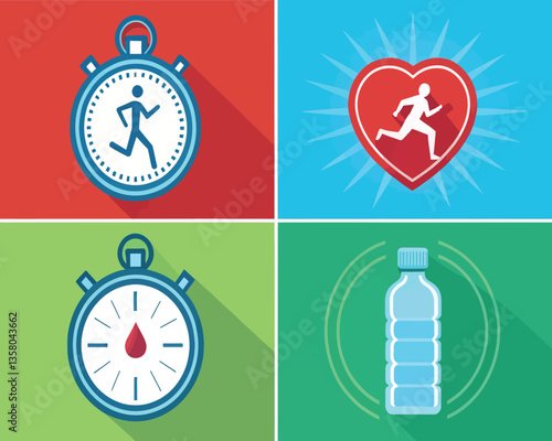 Free Download Four fitness icons: stopwatch, running man, heart, and water bottle. - GFXLoad