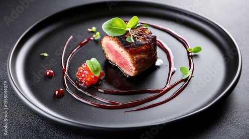Gourmet dish with seared beef, garnish, and sauce on black plate
