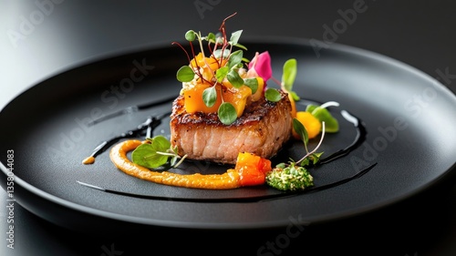 Gourmet plated dish with seared fish, colorful garnishes on black plate