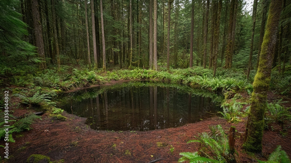 Obraz premium Forest Pond Reflecting Trees and Ferns