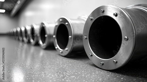 Row of metallic cylinders with circular openings, industrial setting